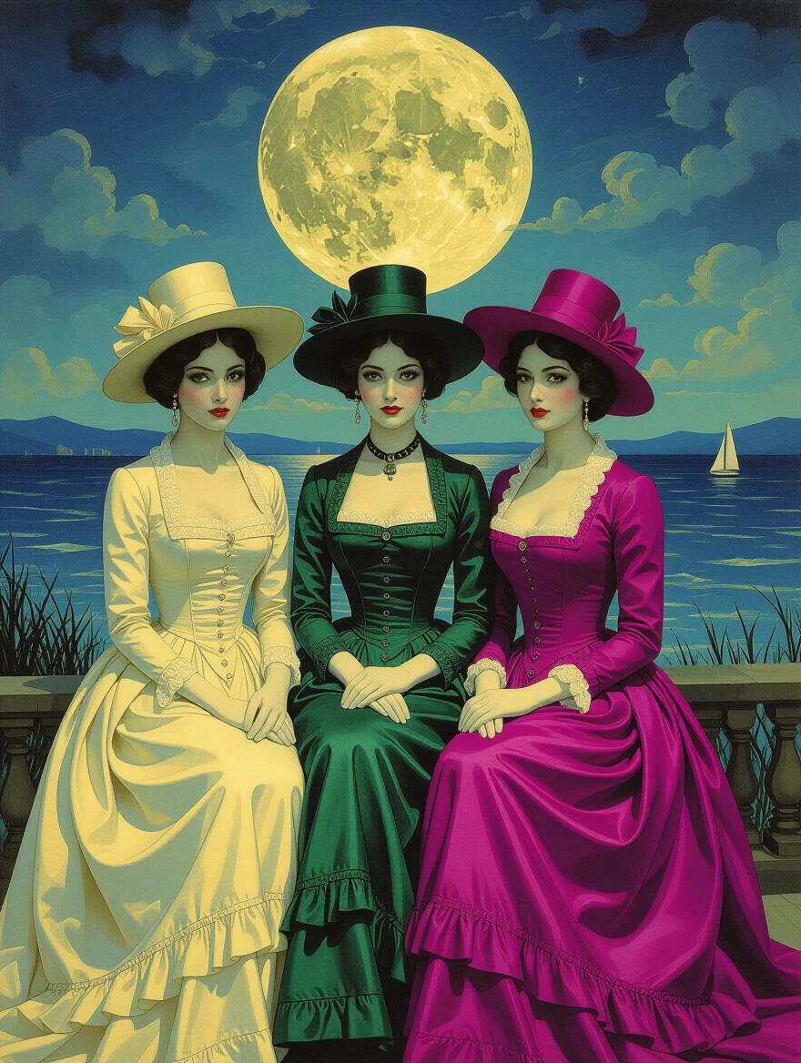 Three elegant figures standing on a balcony. Attired in vintage gowns with ruffles. One gown is cream colored. Another gown is green. The third gown is magenta. A bright full moon in the night sky. Calm waters and distant sails in the background. Artistic style reminiscent of Dali and Monet.