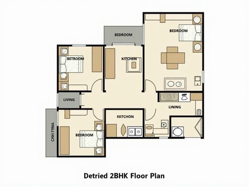 A detailed floor plan image of a 2BHK apartment layout showing bedrooms, living area, kitchen, and bathroom with labeled sections and furniture.