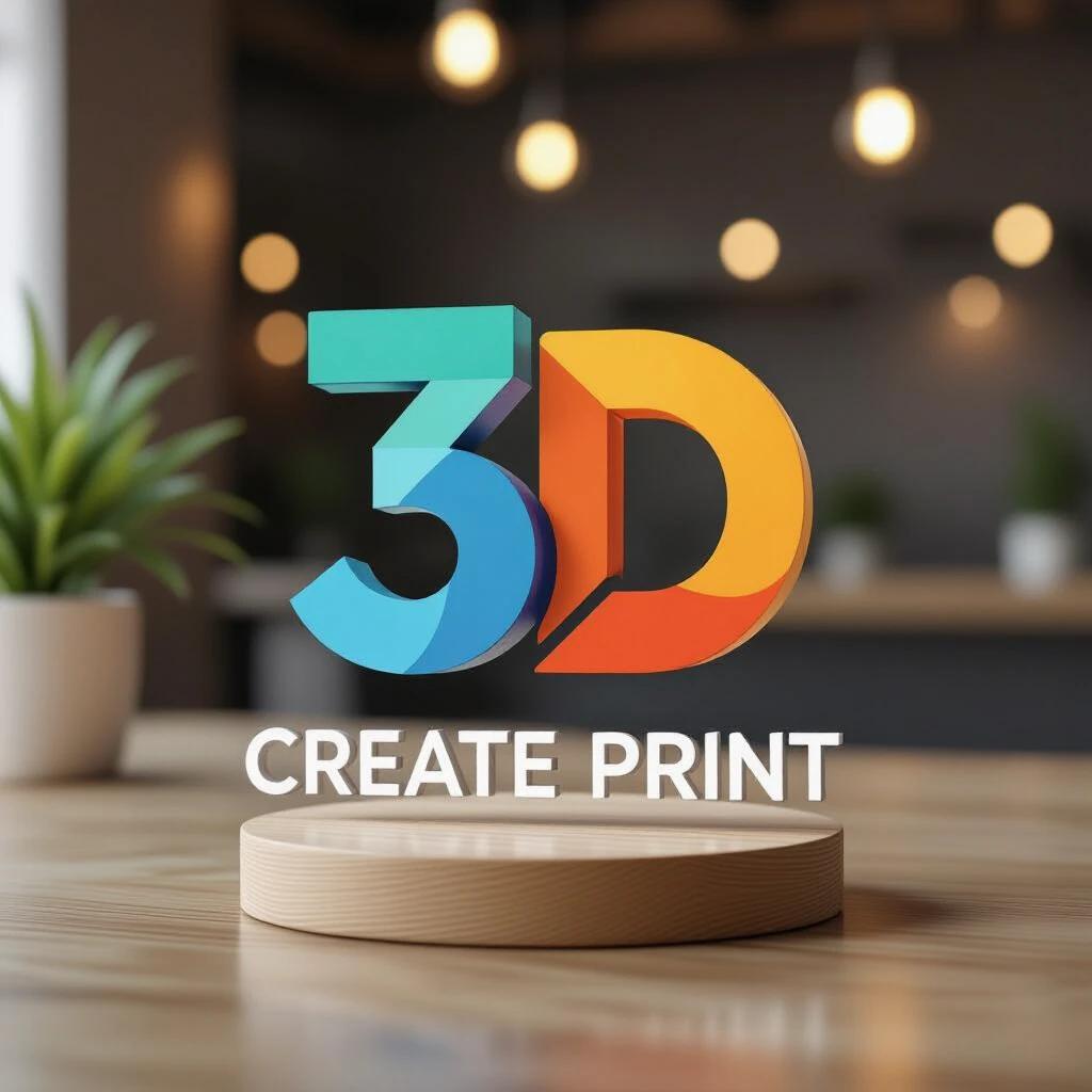 A logo design for a 3D printing company. The logo features the text '3D' in vibrant colors, with the words 'CREATE PRINT' in a clean font underneath. The logo is placed on a wooden stand in a contemporary workspace setting.