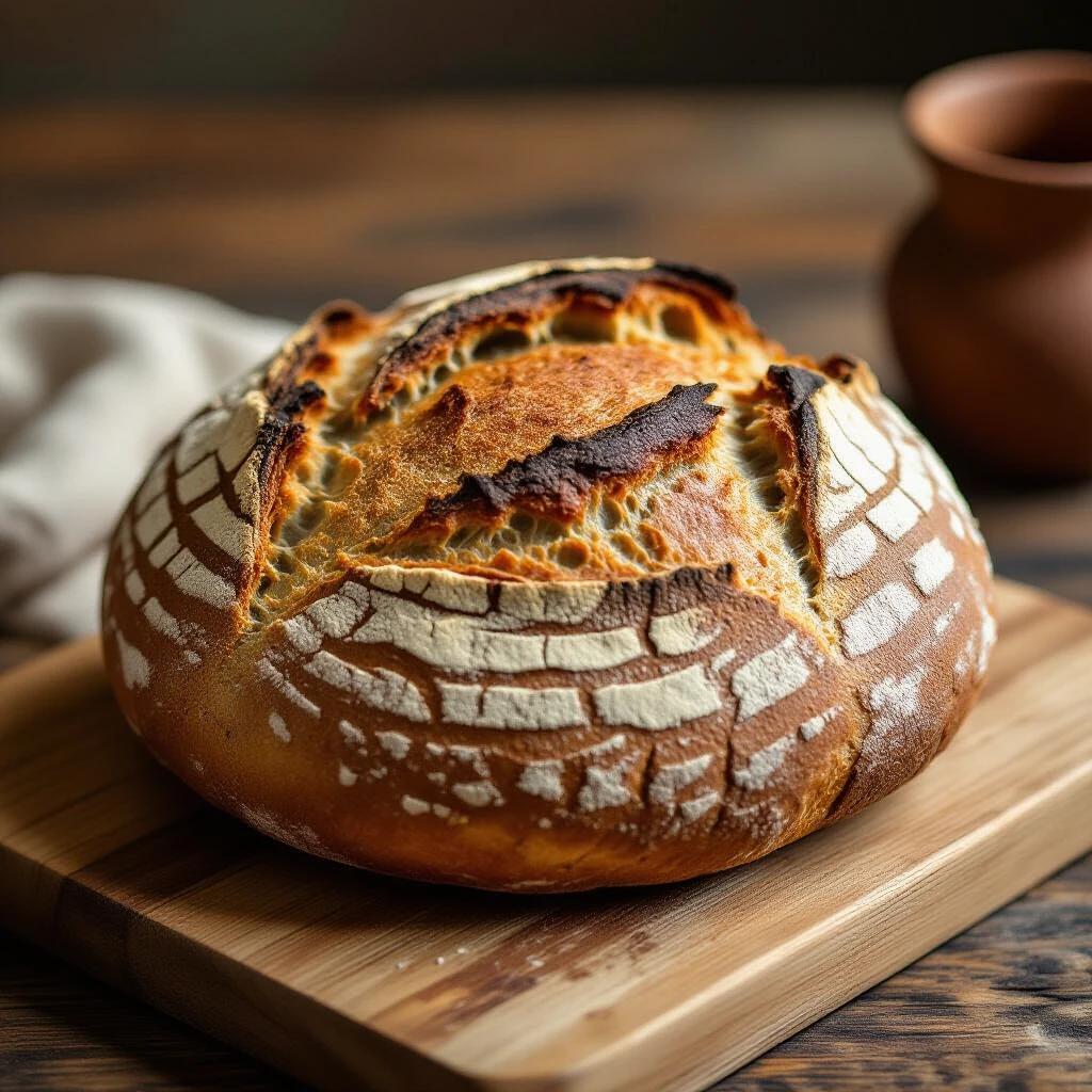 A rustic loaf crafted from baked terracotta clay. Crust shows intricate, sun-baked cracks and dusty, earthy texture. Inside crumb layered with colourful minerals. Sits on wooden board.