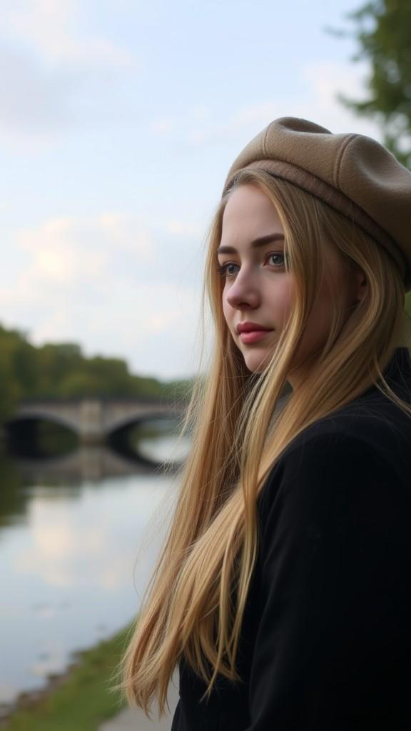 A young woman in a beret looks thoughtfully over a serene river with a distant bridge.