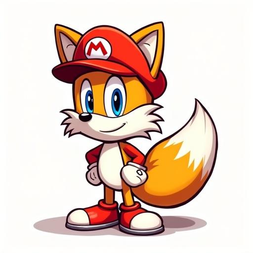 Draw Tails character with a plumber's cap. Exclude background elements. Character is a cartoon fox with a playful expression and vibrant colors.