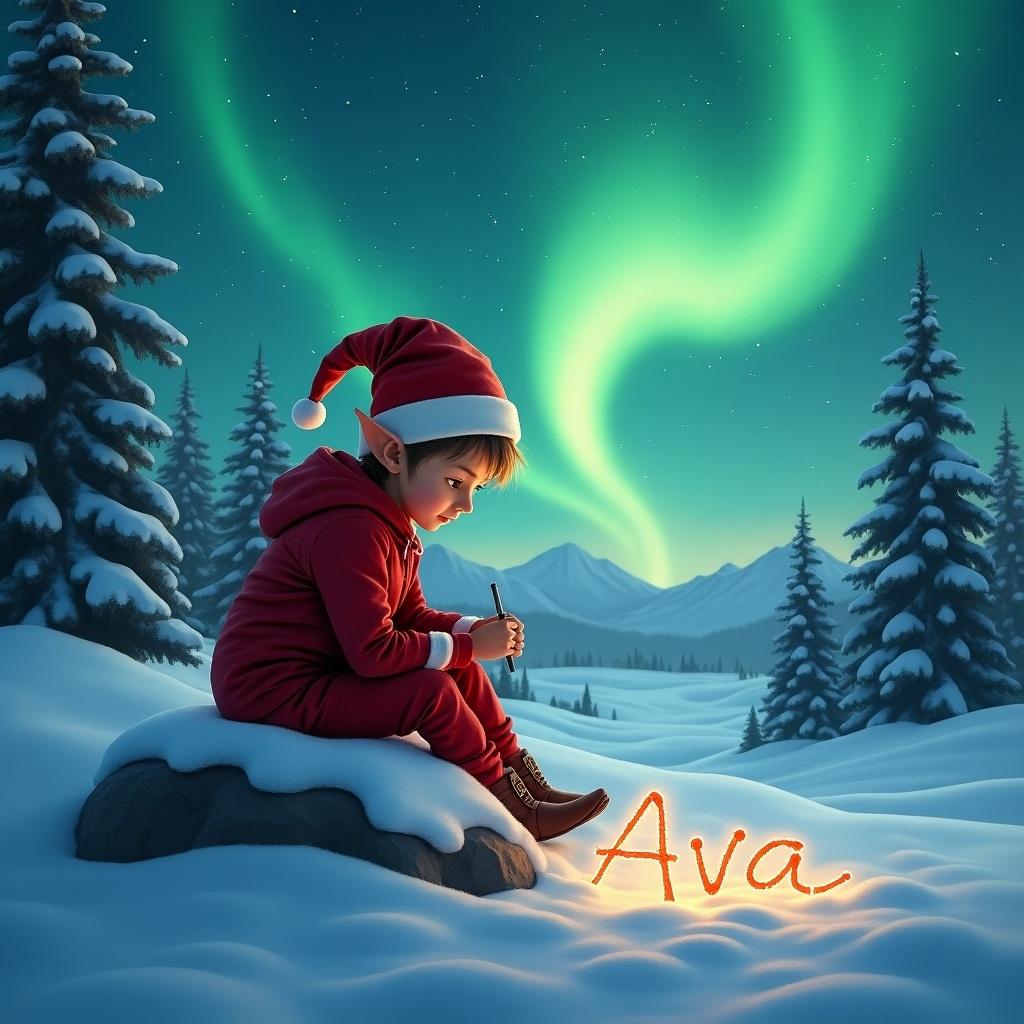 This enchanting image features a young elf wearing a red outfit and hat, sitting on a snowy rock. The elf is focused on writing the name 'Ava' in the snow, illuminated by the magical northern lights in the sky. The backdrop is a tranquil winter scene with snow-covered trees and distant mountains. The glowing auroras paint the sky in bright greens, creating a dreamlike atmosphere. This artwork captures the essence of holiday magic and childhood wonder, evoking feelings of joy and nostalgia.