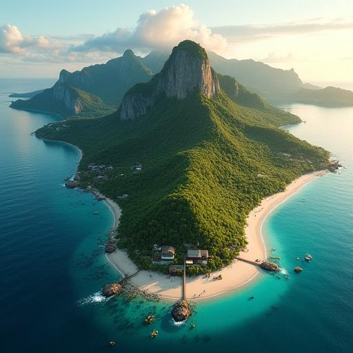 Aerial view of a tropical island with lush green mountains and varied elevations. Smooth sloping peak on the left, a rugged rocky mountain in the center, and a large rounded hill on the right. Island surrounded by deep blue sea lightening to turquoise near the shore by the sunrise. Sky mostly clear with thin clouds tinged in pastel colors. Pristine beige-sand beaches curving into coves. Small tropical buildings scattered across the slopes, connected by winding roads. Tiny human figures add life to the scene.