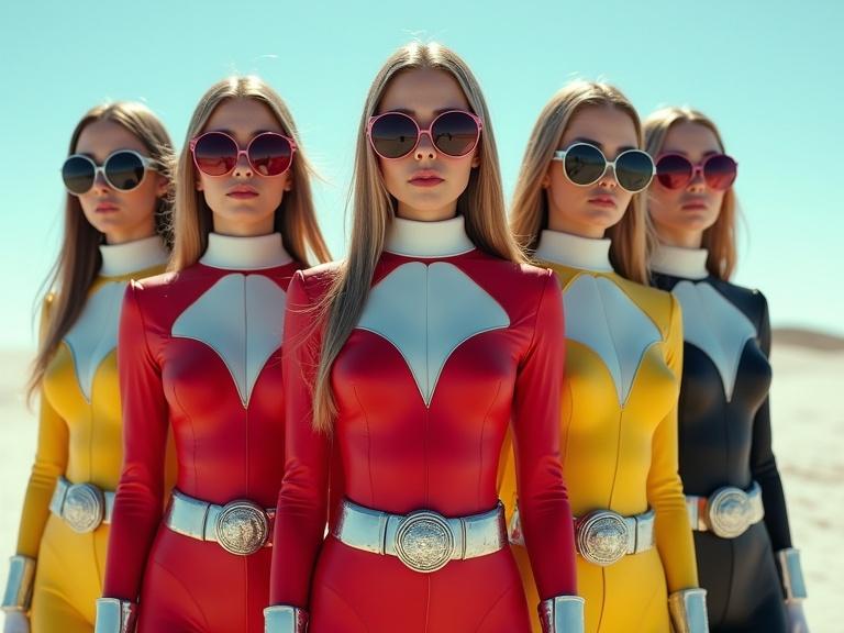 Five female power rangers stand in a bright desert. They wear sleek color-coordinated armor suits. Each ranger has long hair and sports unique color themes including red and yellow. The group poses confidently, showcasing high-tech accessories. The background features a clear blue sky and soft desert sands. The image focuses on their armor details and vibrant colors.
