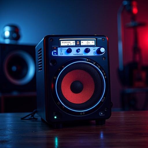 A high-quality image of a karaoke machine on a wooden table. The machine features a red speaker cone with illuminated controls. A blurred background showcases additional audio equipment with colorful lighting. The scene captures a vibrant music environment.