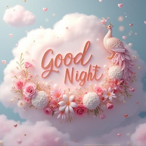 3D render of the phrase 'Good Night' in elegant script. Surrounded by ethereal clouds and a peacock. Features flowers and cascading hearts. Shimmering sparkles and tiny stars in background. Gentle light enhances tranquility.