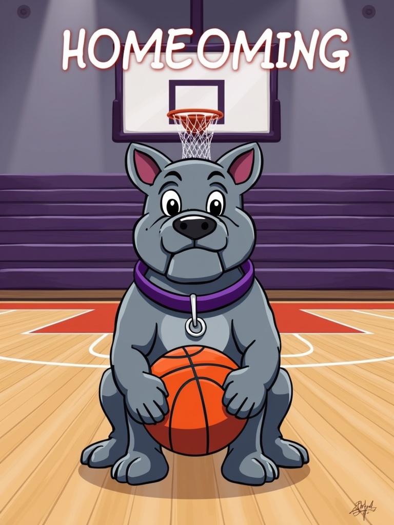 Cartoon style illustration of a school gym basketball court. Gray bulldog sitting on the court holding a basketball. Bleachers and basketball goal in the background. The dog wears a purple collar. Words Homecoming Week displayed above.