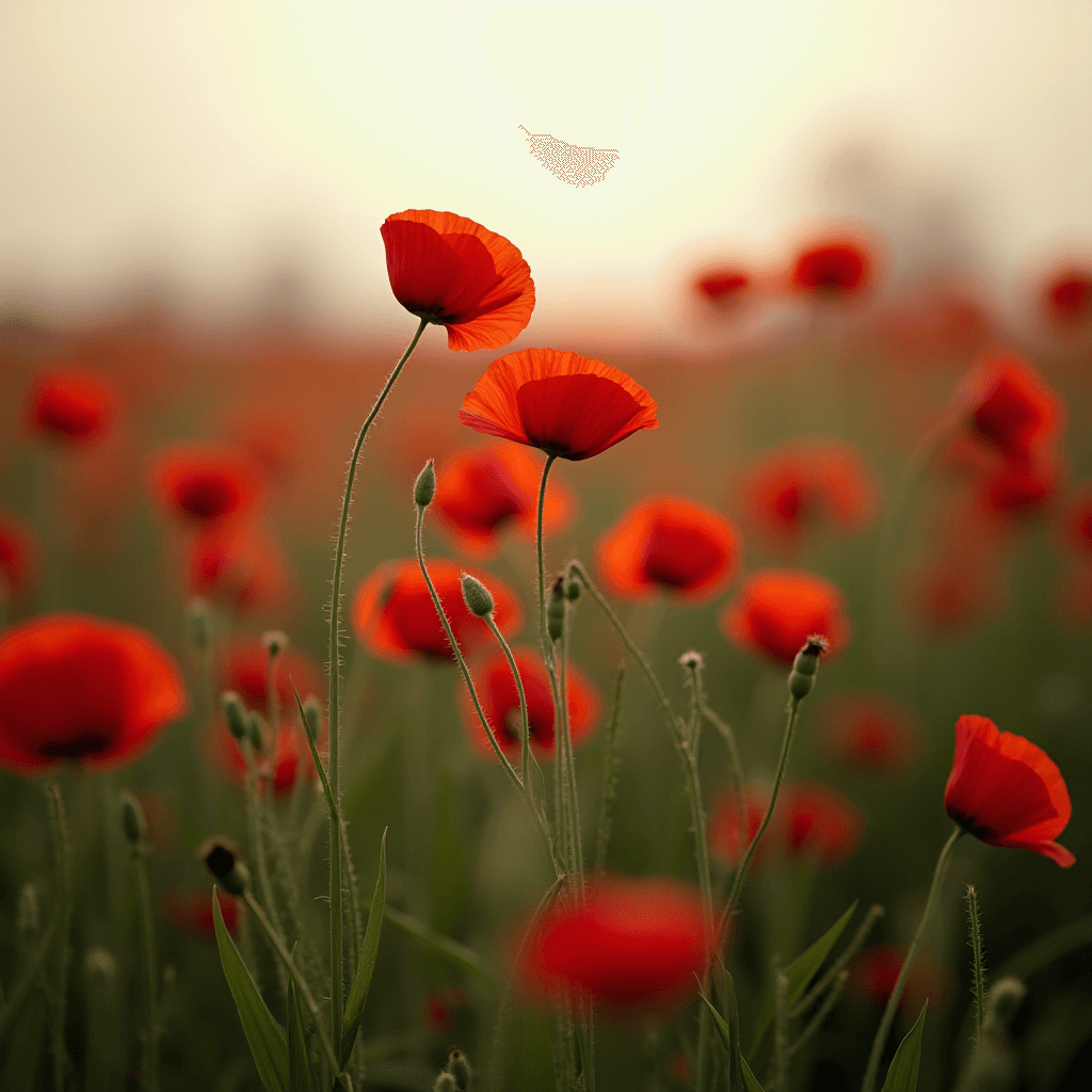 A field of vibrant red poppies with soft, blurred background.