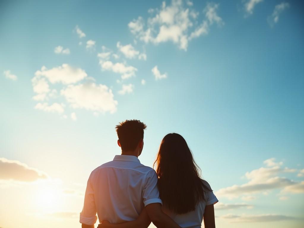 A romantic photo shows a couple from behind, with the young man standing slightly behind the young woman. They are both gazing up at a serene sky filled with soft clouds and a warm sunset glow. Their silhouettes are beautifully highlighted against this picturesque backdrop, creating a peaceful and intimate atmosphere. The image captures a moment of connection and tranquility as they enjoy the view together. This setting evokes a sense of love and companionship, perfect for representing relationships in visual storytelling.