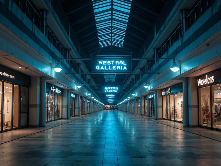 Night view of an empty modern shopping center from inside. Atmosphere of horror, loneliness, emptiness. Illuminated by a banner with the name West Mall Galleria. Weak light sources in the hall. Composition and hyperrealism emphasized. Dynamic perspective.