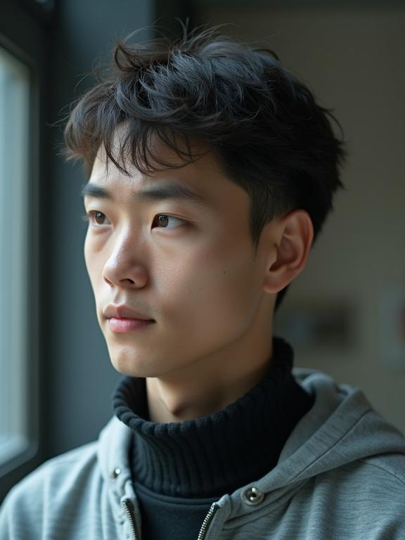 Candid photo of a young man with a thoughtful expression. Upper body shot showing intelligent demeanor. Captured with a low-quality smartphone, soft focus and digital noise present. Harsh indoor lighting creates an unedited feel. Framed a bit off-center.