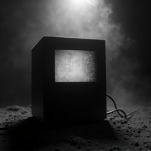 Dusty black and white photograph closeup of a black box computer with a screen. Dusty air with grains. Screen lights up the scene. Spotlight from ceiling onto the black box. Dark surroundings create a mysterious atmosphere. Glitching screen adds tension.