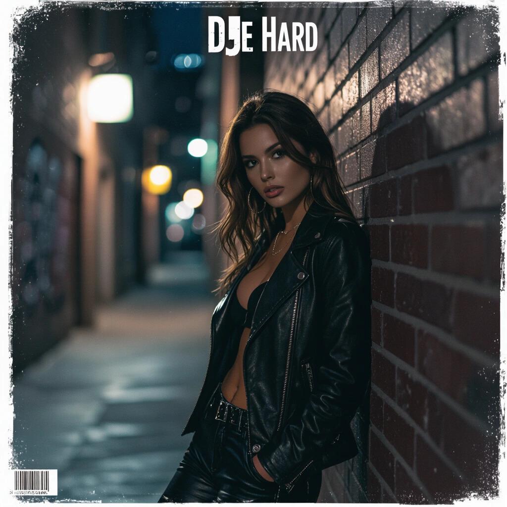 Raw photo of a woman leaning against the wall in a dark alley at night. She is wearing a leather jacket and pants. The setting is classy and edgy. This image is designed for an album cover featuring the text DJ Hardstyle.