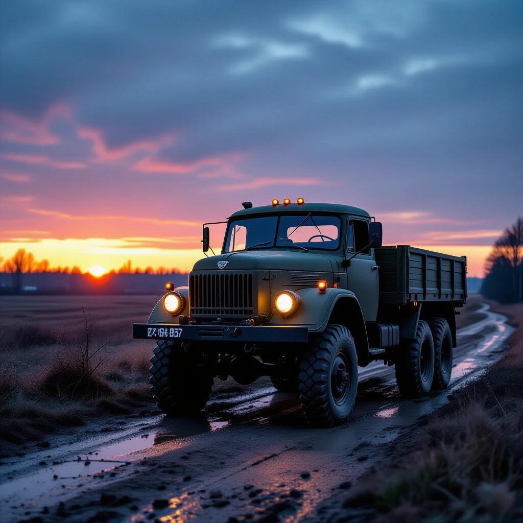 Soviet ZIL-157 military truck positioned on a muddy road at dusk. Dramatic sky with teal and amber hues. Emphasis on truck's texture and details. Captured using high-quality camera settings.