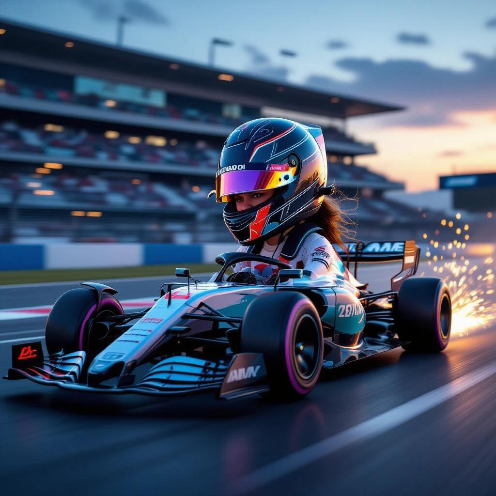 Breathtaking female driver with aerodynamic helmet driving a futuristic Formula 1 vehicle. Open-frame carbon-fiber body. Minimal chassis. Hovering magnetic wheels. Glowing energy lines. Ultra-lightweight design. High speed. Low-angle tracking shot. Sparks and vapor trails. Hyper-realistic motion blur. Cinematic lighting. Dusk racetrack atmosphere.