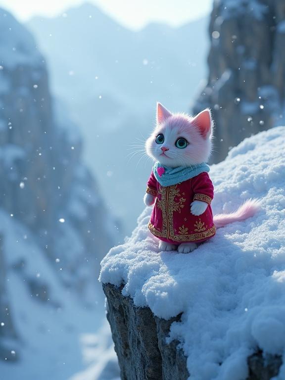 A fluffy kitten with pastel pink and lavender fur stands on a snowy mountain cliff. The kitten wears luxurious red velvet clothing with golden embroidery. A light blue bandana is around its neck. The kitten has large green eyes and a determined expression. Snowflakes swirl around, creating a magical winter scene. The atmosphere feels tense and adventurous.
