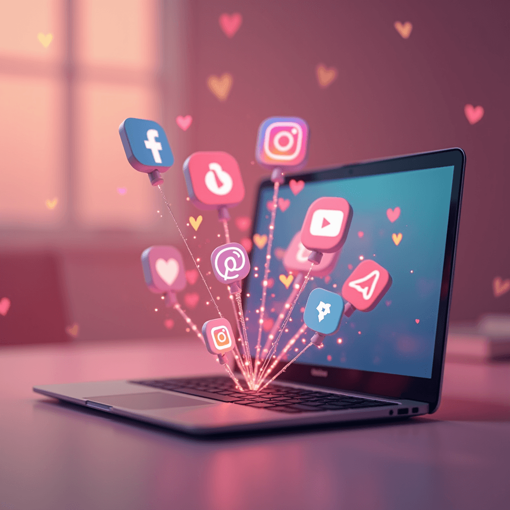 Social media icons burst energetically from a laptop against a pink, heart-filled background.