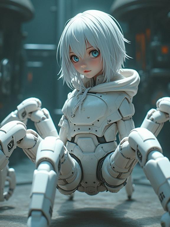Close-up view of an anime-inspired arachnia girl with bionic features. She has short white hair and blue eyes. Her human legs transform into multi-legged spider legs in a cyber fantasy setting. The character is highlighted in dim lighting, set in a technological hangar.