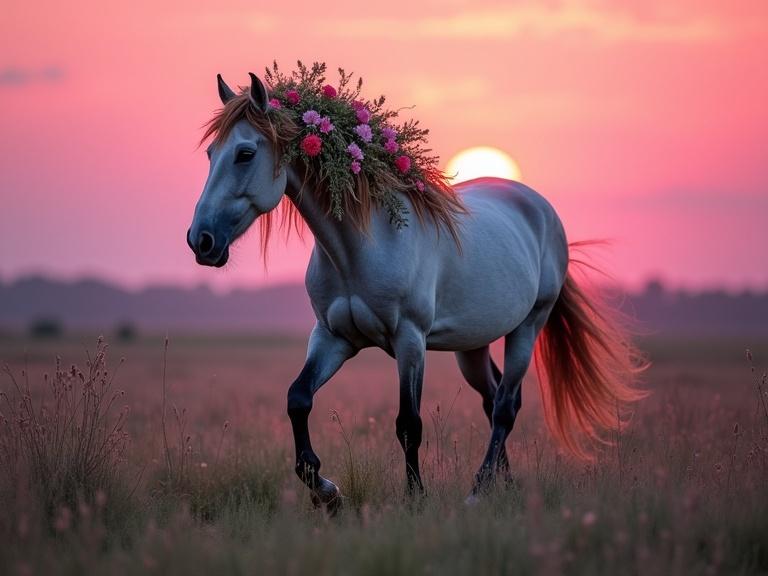 Horse walking in a field. Background features pink-purple sunset. Meadow grasses sway gently. Flowers woven into mane create a natural crown.