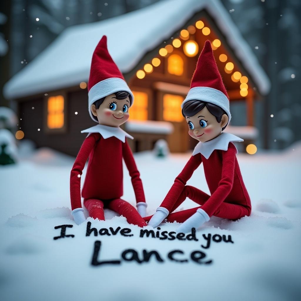 This image features a couple of Elf's on the Shelf situated in a picturesque winter wonderland. The elves, dressed in classic red outfits, are seen writing in the snow with a message that says 'I have missed you Lance'. Behind them, a quaint cabin glows warmly with decorative lights. The scene captures the magic and nostalgia of the holiday season. The snowy environment adds a charming touch, evoking feelings of joy and warmth associated with Christmas. Overall, it speaks to the whimsical nature of holiday traditions, as the elves' expressions reflect playfulness and cheer, making it an engaging festive image.