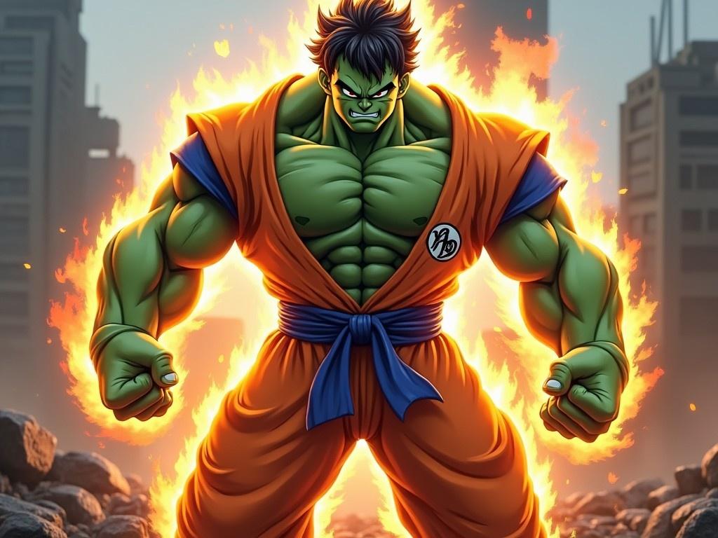 The image depicts a powerful character who is a fusion of Goku and Hulk. He stands confidently with his muscular frame illuminated by a vibrant orange flame. The character wears an orange and blue outfit, signifying the fusion of two iconic heroes. His expression is fierce, embodying strength and determination. The background features a cityscape, enhancing the dramatic effect. This digital artwork captures the essence of strength and energy in a fantasy setting.