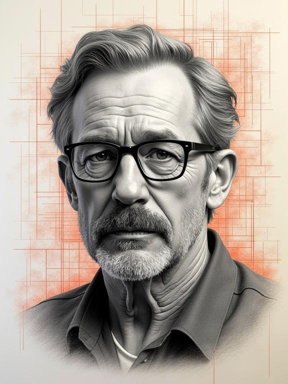 Highly detailed portrait of a middle-aged man with a serious expression. Man has a well-groomed mustache and beard wearing rectangular glasses with dark frames. Dressed in a dark shirt. Hyper-realistic style with intricate pencil sketch lines and shading. Background features a light parchment texture with faint, overlapping geometric sketches and technical drawing lines in red and orange hues. Meticulous details capture depth and realism of the subject's facial features and background elements.