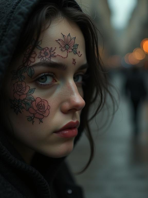 Close-up of a character's face. Intricate floral patterns tattooed onto skin. Background features a blurred dark cityscape.