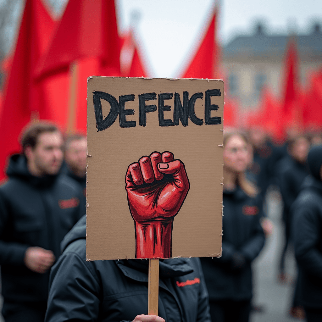 People marching with signs and red flags, emphasizing solidarity and defense.