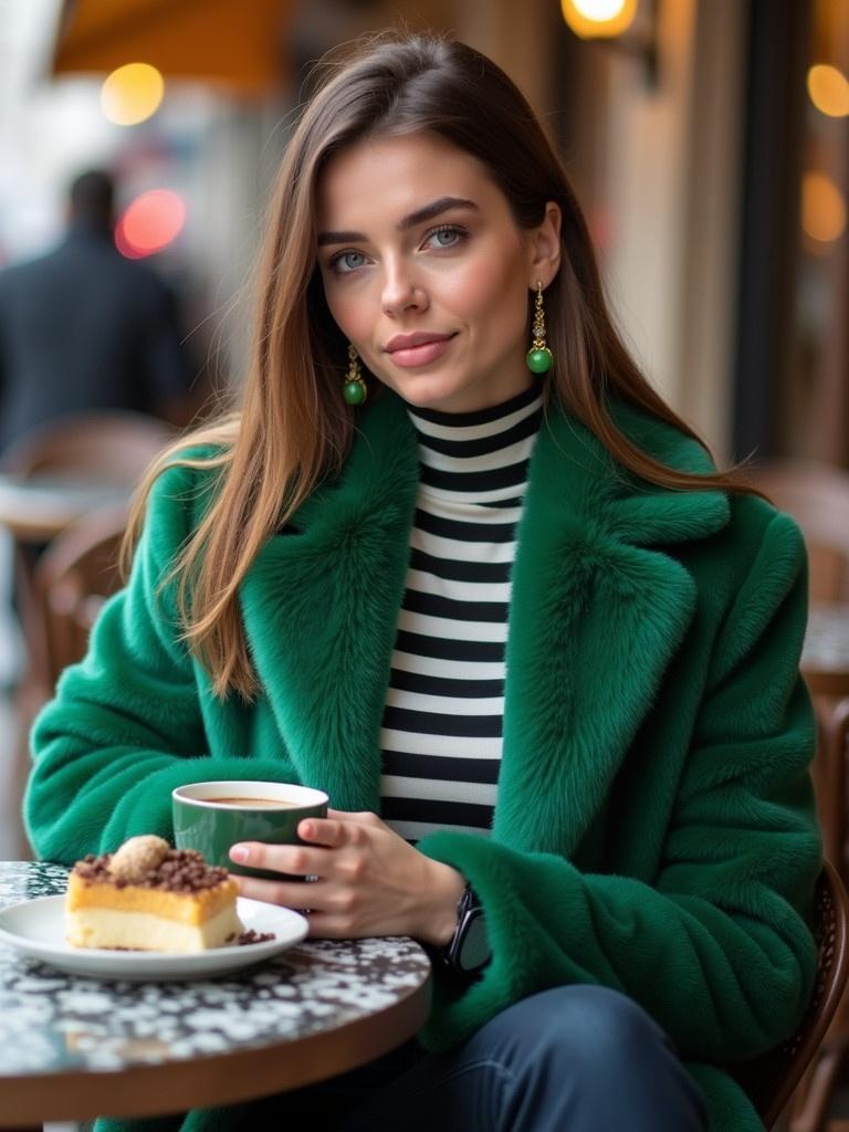 Young woman sits in a cozy cafe wearing a green fluffy coat. She holds a coffee cup. In front of her is a dessert. Snow is falling outside. The setting is urban with soft yellow light. She poses with a slight smile. She wears a striped top and dark blue jeans. Her accessories include green earrings and brown boots.