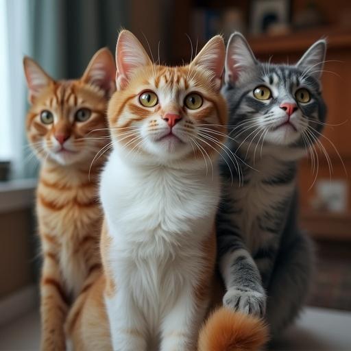 Three cats sitting close together with distinct fur patterns. One is orange with stripes the second is gray with stripes and the third has a fluffy white chest. They are looking forward with curious expressions. The background includes a cozy room setting with soft natural light.