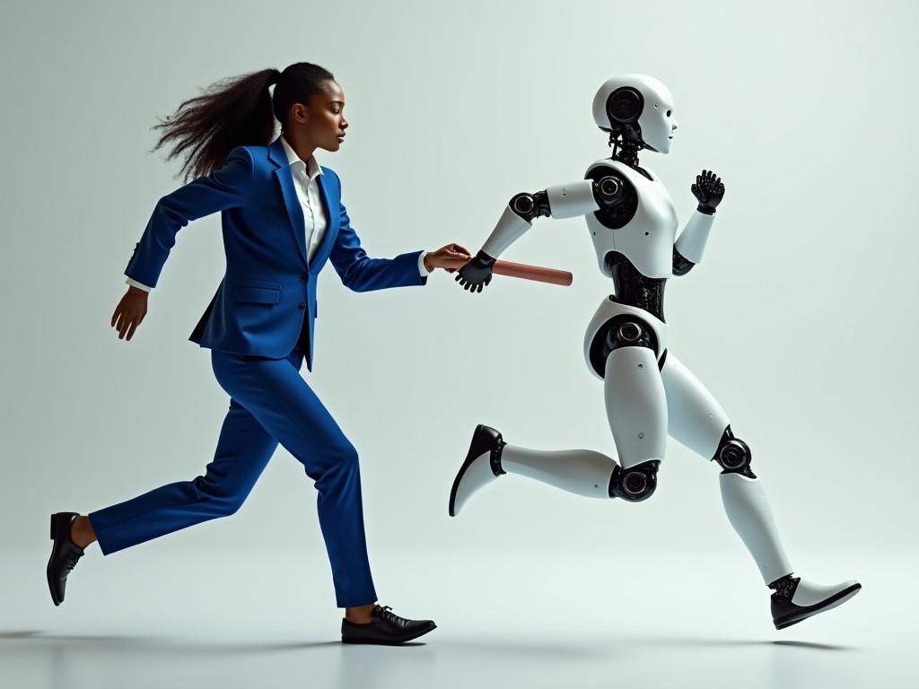 A professional woman in a blue suit running in tandem with a humanoid robot in a relay race scene, both holding a baton.