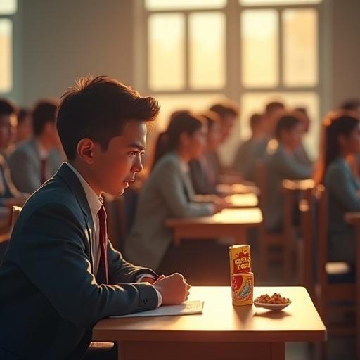 Detailed cinematic exam hall features rows of silent students with intense focus. Subtle golden sunlight filters through windows creating a tense atmosphere. A male student, seated at a desk with a snack, experiences a humorous moment as his stomach growls, causing attention shifts among peers. The scene captures an everyday academic setting highlighting the relatable experience of exam hunger.