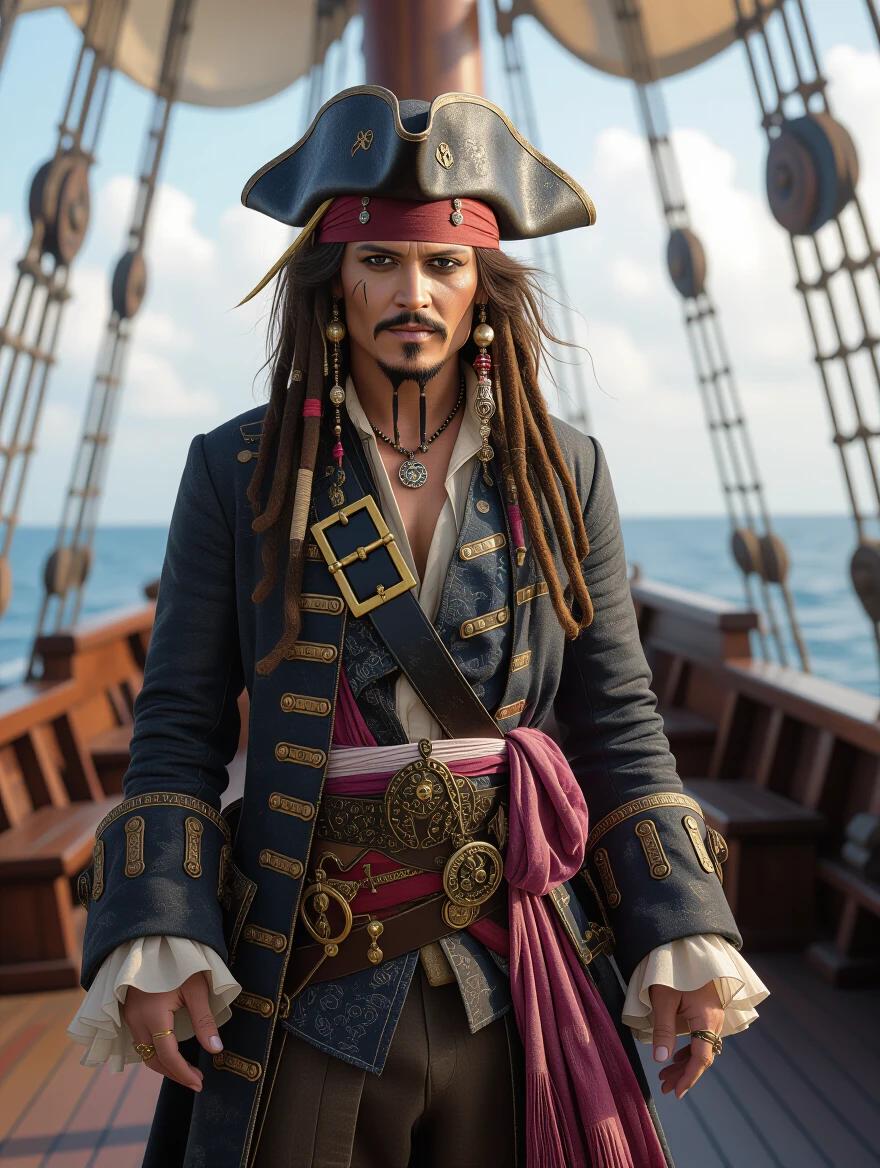 Pirate dressed in elaborate costume on a ship deck. The clothing is richly detailed with vibrant colors. The pirate has long hair and accessories. The sea and sky are visible in the background. Dramatic lighting adds depth. 2/3 angle reveals the costume intricacies.