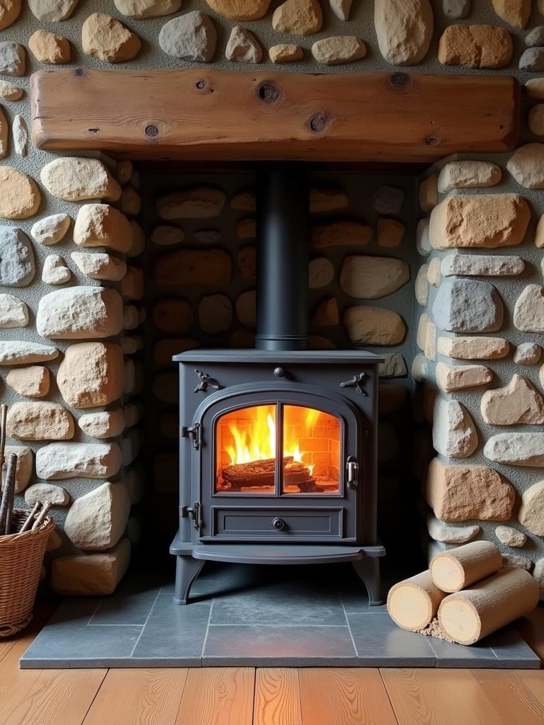 Cozy wood-stove furnace nestled in a rustic stone background. The stonework features varying shades of gray and brown. A warm fire burns brightly inside the stove illuminating the surroundings. A basket sits beside the stove filled with logs. Additional logs are neatly stacked nearby.