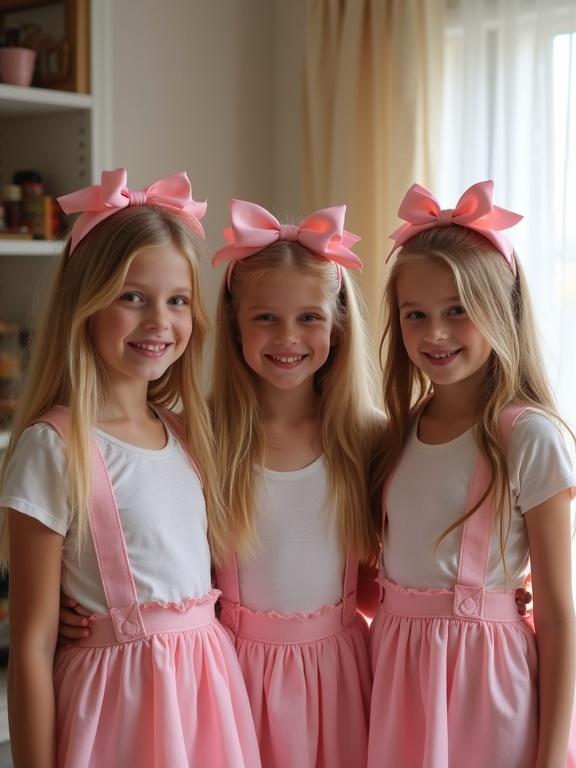 Three young girls in a living room at a birthday party. They wear pink bows and pink skirts. They smile happily. Soft natural light fills the room. The setting feels warm and inviting. Some pixelation is evident, contributing to a vintage photo feel