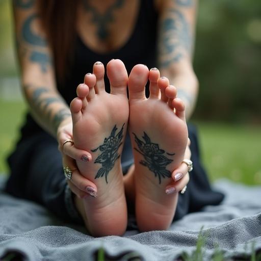 A goth woman displays her tattooed soles and toes. She sits on a blanket outdoors. Her tattoos are clearly visible. The background is lush with grass. The focus is on her feet.