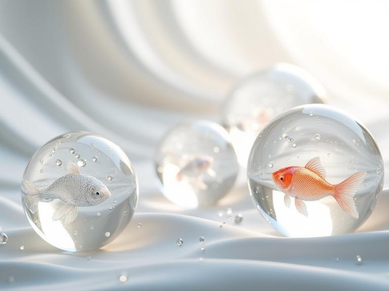 Serene scene shows floating glass spheres in air. Inside orbs, crystal-carved fish shimmer with diamond-like precision. Fish resemble koi or fantasy species made from clear iridescent material. Other orbs are empty or have diamond spheres. Background features soft flowing white fabric like silk. Light creates gentle shadows and sparkling effects. Composition is airy and elegant.