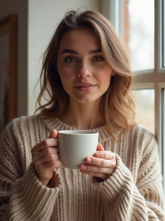 Cute woman with minimal makeup enjoys coffee by the window in warm morning light wearing a cozy sweater