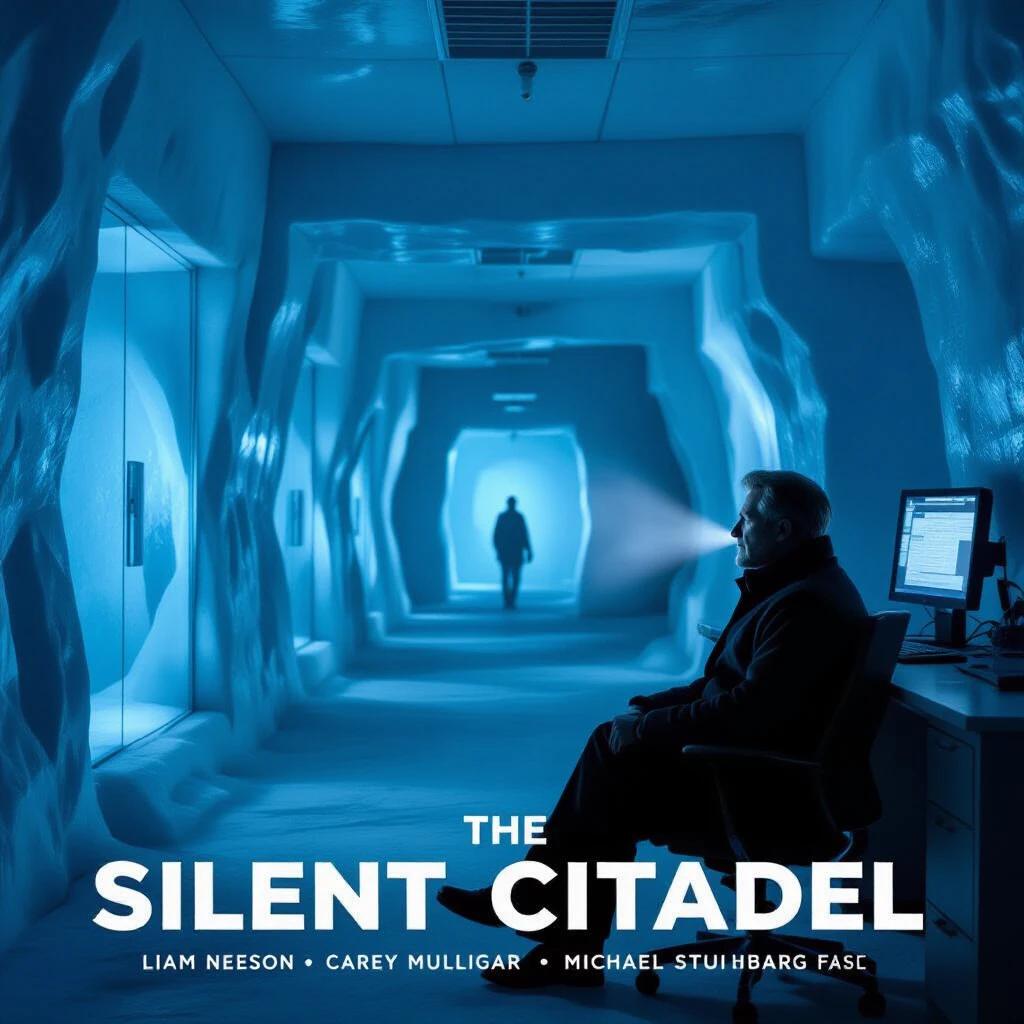 A night guard unravels secrets in a frozen research base. Liam Neeson sits in a dim control room with breath fogging in the cold. Shadows flicker across icy walls.