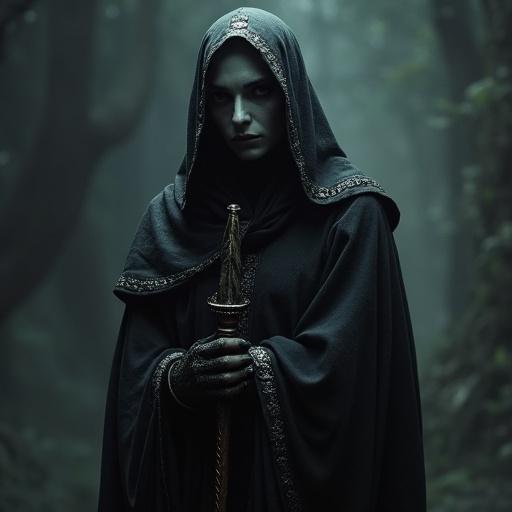A female drow high priestess stands in an underdark setting. The character is draped in dark robes with intricate details. She holds a silver staff. The lighting casts shadows emphasizing the character's features against a dark background. The setting has a mystical aura and deep colors.