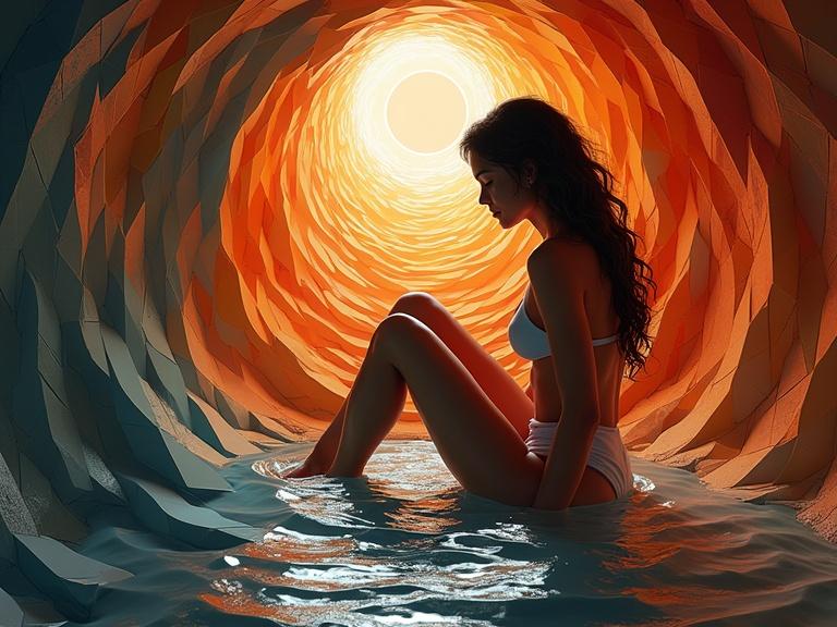 A striking 4D scene featuring a woman seated in water. The environment appears as a surreal spiral of vibrant colors. It showcases intricate geometric patterns and a warm glowing light at the center. The artwork should evoke a sense of calmness and creativity. High detail and thoughtful composition are essential. Multiple artistic styles blend together to create a unique experience.