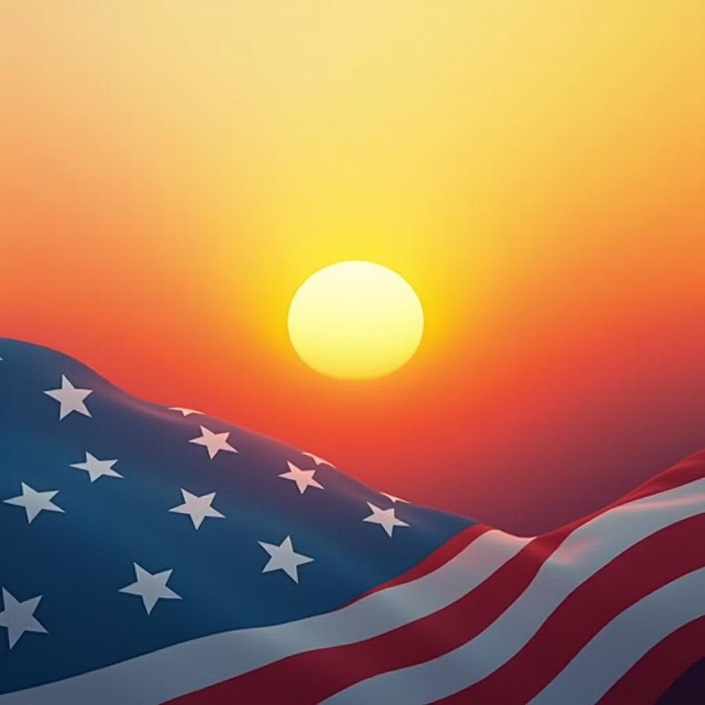 Abstract sunrise illustration transitioning to the United States flag. Features soft colors with a warm orange sun rising in the background.