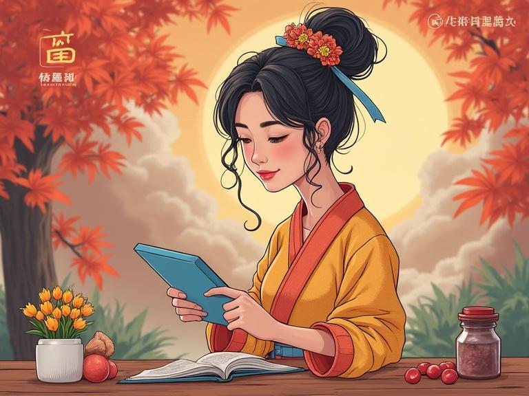 An engaging visual scene showcases a woman in traditional attire reading a book surrounded by autumn foliage. Brightly colored flowers on the table and a warm golden background enhance the festive atmosphere.