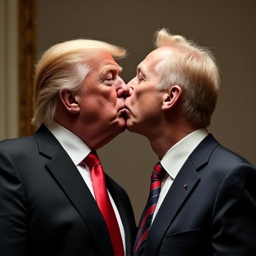 Trump and Musk kissing in a stylized setting with a humorous tone and warm colors.