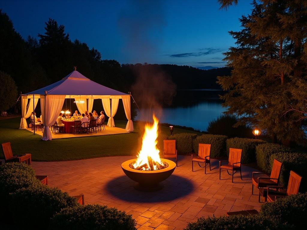 Create a night scene of a beautifully landscaped backyard featuring a flaming open grill. The backyard is surrounded by lush greenery, with ambient lighting casting a warm, welcoming glow across the space. There is an open area near the grill, allowing room for people to gather comfortably. Above, the night sky is visible, adding a magical touch to the relaxed atmosphere. The image captures a serene evening gathering inside a beautifully lit tent set amidst a tranquil outdoor environment. Guests are seated around a table enjoying a warm, intimate dinner as soft glowing lights enhance the cozy atmosphere. The background features a calm lake and silhouettes of trees, contributing to the elegant ambiance.