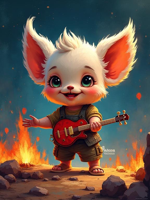 Chibi character with white fur and big ears holds a guitar. The character smiles warmly against a glowing background. Paint splatters and brush strokes create texture. A cheerful atmosphere is emphasized with a colorful palette.