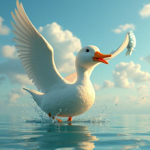 A cartoonish duck is catching fish in the sky. The scene shows the duck with outstretched wings and splashing water.