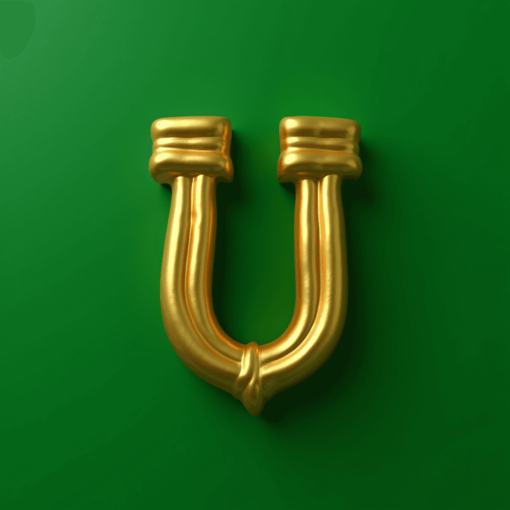 A shiny gold object resembling an upside-down horseshoe on a green background.