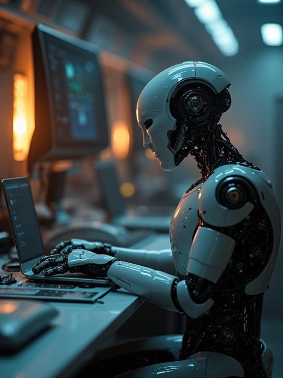 AI robot engages with a laptop in a futuristic setting illuminated by ambient light. Scene depicts advanced technology and a sleek robotic design.